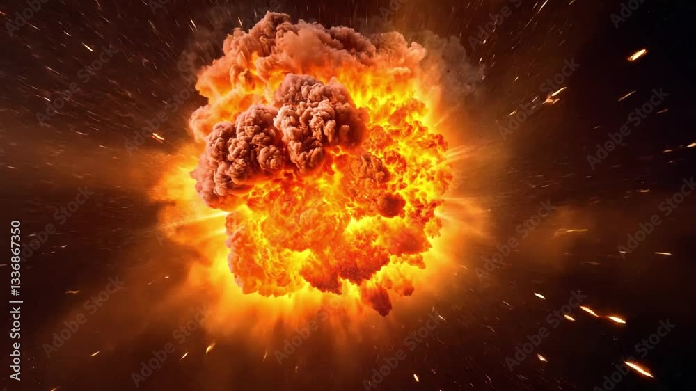 Poster explosive fireball detonation creating intense orange glow against dark background with sparks and e