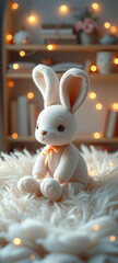 A tiny, adorable plush bunny resting in a dreamy, cozy setting.