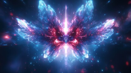 Abstract Cosmic Butterfly: Glowing Wings in Vibrant Blue Pink and Red Hues