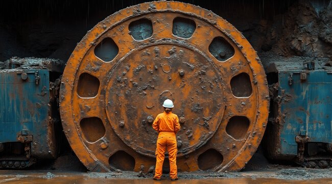 An engineer in an orange jumpsuit observes a massive construction wheel at a digging site. The scene highlights the scale of machinery used in underground excavation projects