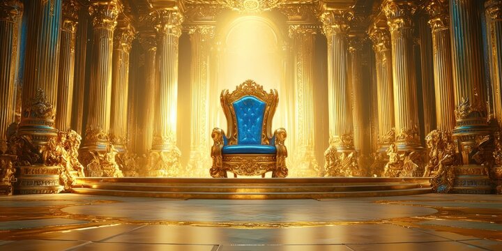 A golden throne with a blue chair sits in a large room with gold pillars