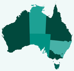 Map of Australia with regions. Just a simple country border map with region division. Teal color palette. Plain Australia shape with administrative division. Vector illustration.