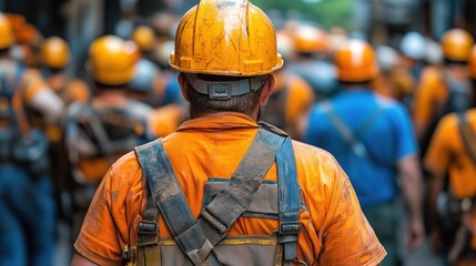 Obraz premium Groups of construction workers in orange uniforms and hard hats move through a busy construction site, showcasing teamwork and dedication in their daily tasks