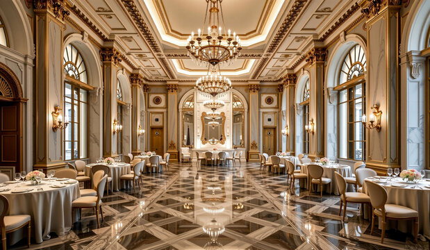 a large room with tables and chairs and a chandel in the middle of the room