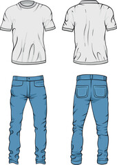 A detailed vector illustration of a casual outfit featuring a plain white T-shirt and classic blue jeans, in both front and back views, fabric folds, seams, and stitching details