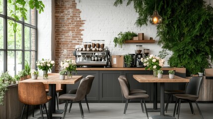 Fototapeta premium stylish cafe features wooden tables and chairs paired with lush greenery, creating a welcoming environment. Barista equipment is visible, suggesting a focus on quality beverages