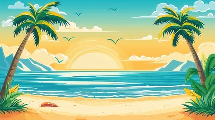 Obraz premium Tropical Beach Sunset Palm Trees Ocean and Sandy Shore