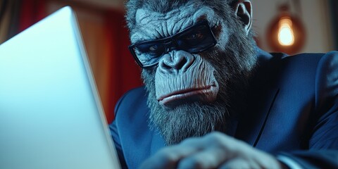angry gorilla entrepreneur using laptop