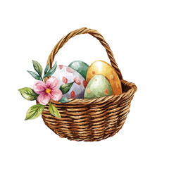 Watercolor Easter Basket with Eggs and Flowers. Festive holiday illustration