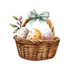Watercolor Spring Easter Basket with Pastel Eggs and Floral Decoration