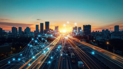 Fototapeta premium City highway network at sunset, futuristic, technology
