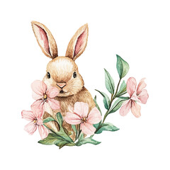 Cute rabbit in flowers, watercolor illustration on a white background. Easter bunny, spring flowers