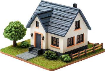 A tiny white house toy model isometric view isolated on transparent background