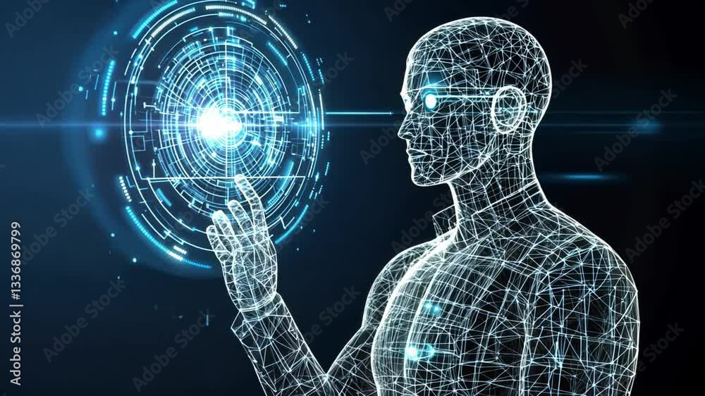 Poster futuristic digital interface interaction by a male figure in a virtual reality environment with glow