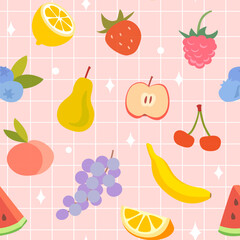 A bright seamless pattern of summer fruits. Apple, peach, banana, cherry, strawberry, raspberry, pear, watermelon. Suitable for wrapping, textiles, printing, wallpaper