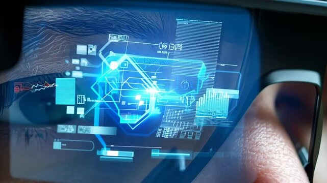 This close-up image showcases smart glasses featuring a digital interface, illustrating technology and innovation in eyewear and user interaction.