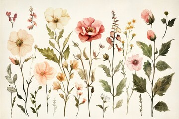 Delicate Botanical Illustrations of Various Flower Species in Pastel Tones