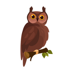 Charming cartoon owl perched on a branch. Cute owl character illustration for children's illustrations, nature-themed design, logo. Cartoon vector owl icon isolated on white background