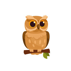 Charming cartoon owl perched on a branch. Cute owl character illustration for children's illustrations, nature-themed design, logo. Cartoon vector owl icon isolated on white background