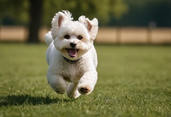 bichon dog running happy in a urba park of the city, fur pet playing, excited fluffy on the nature, bolognese doggy