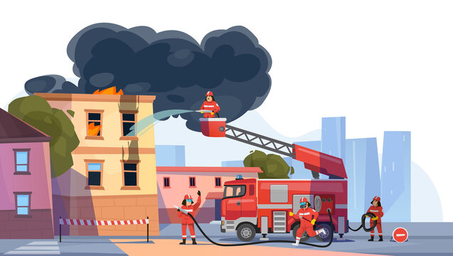 Firefighters battling a major urban building fire with ladder truck and emergency response team. Vector illustration of rescue operation, smoke, flames, city disaster, fire department service.