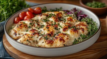 Creamy, cheesy baked chicken breasts, garnished with fresh herbs, served with cherry tomatoes and a side of red leaves