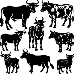 Cows and Bull Silhouettes Set: Farm Animal Vector Illustration