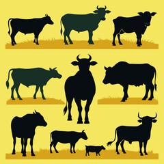 Cows and Bull Silhouettes Set: Farm Animal Vector Illustration