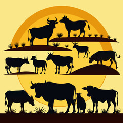 Cows and Bull Silhouettes Set: Farm Animal Vector Illustration