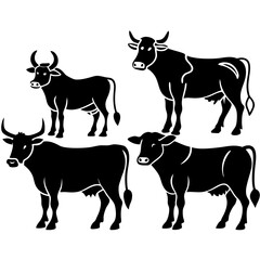 Cows and Bull Silhouettes Set: Farm Animal Vector Illustration