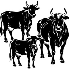 Cows and Bull Silhouettes Set: Farm Animal Vector Illustration