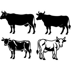 Cows and Bull Silhouettes Set: Farm Animal Vector Illustration