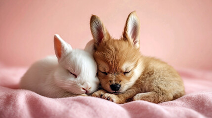 Obraz premium A heartwarming image of a fluffy white bunny and a light brown puppy snuggled up together, peacefully sleeping. Soft pink background. A perfect cozy and cute scene. Easter and pet-themed design.