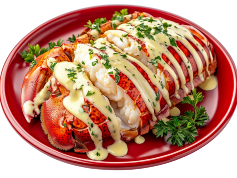 Gourmet lobster tail, sliced and fanned, succulent seafood, drizzled with creamy sauce, shellfish meat, garnished with fresh parsley, and red plate  PNG file isolated on transparent background