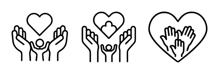 family hands holding heart icon, family hands holding heart line art - simple line art of family hands holding heart, perfect for family hands holding heart logos and icons