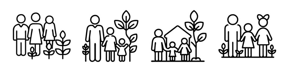 family garden icon, family garden line art - simple line art of family garden, perfect for family garden logos and icons