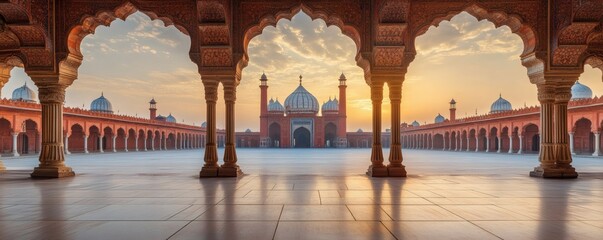 A grand arched structure frames a distant building with a sunset
