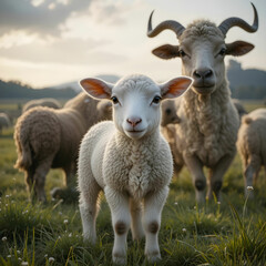 Obraz premium Shot of the lamb in a beautiful and big farm with big ones in the background