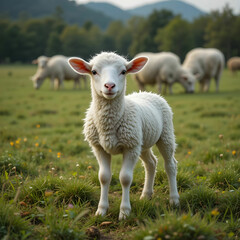 Obraz premium Shot of the lamb in a beautiful and big farm with big ones in the background