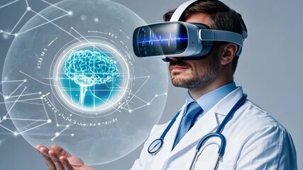 Male doctor wearing virtual reality headset examining digital brain model in futuristic healthcare environment with abstract network connections in background - Powered by Adobe
