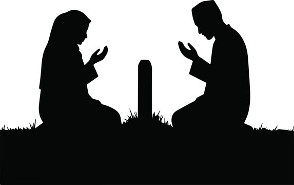 Black silhouette of a Muslim man and woman performing Ziarah Kubur, praying at a grave in remembrance of the deceased