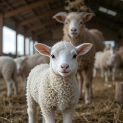 Obraz premium Shot of the lamb in a beautiful and big farm with big ones in the background