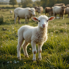 Obraz premium Shot of the lamb in a beautiful and big farm with big ones in the background