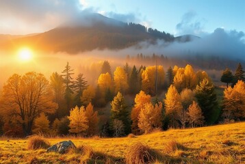 Fototapeta premium Serene Autumn Landscape at Sunrise with Misty Mountains and Colorful Foliage