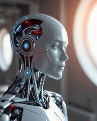 Fototapeta premium Futuristic Cybernetic Android with Detailed Mechanical Features in Modern Ambient Setting