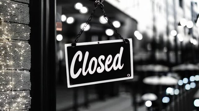 A closed sign hangs prominently on the door of a business shop, symbolizing closure in an urban environment. Soft lighting creates an inviting atmosphere.