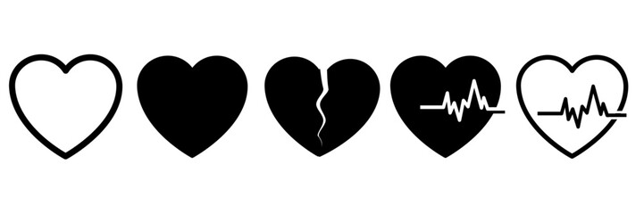 Set of hearts. Heartbeat. Broken heart. set of hearts in red, black, pink and green colour in white background. heart icons set. broken hearts and heartbeat.