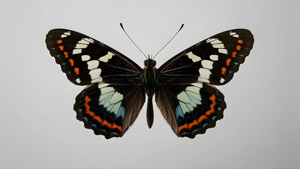 Naklejka premium A black, white, orange and blue butterfly on the wings against a light grey background.