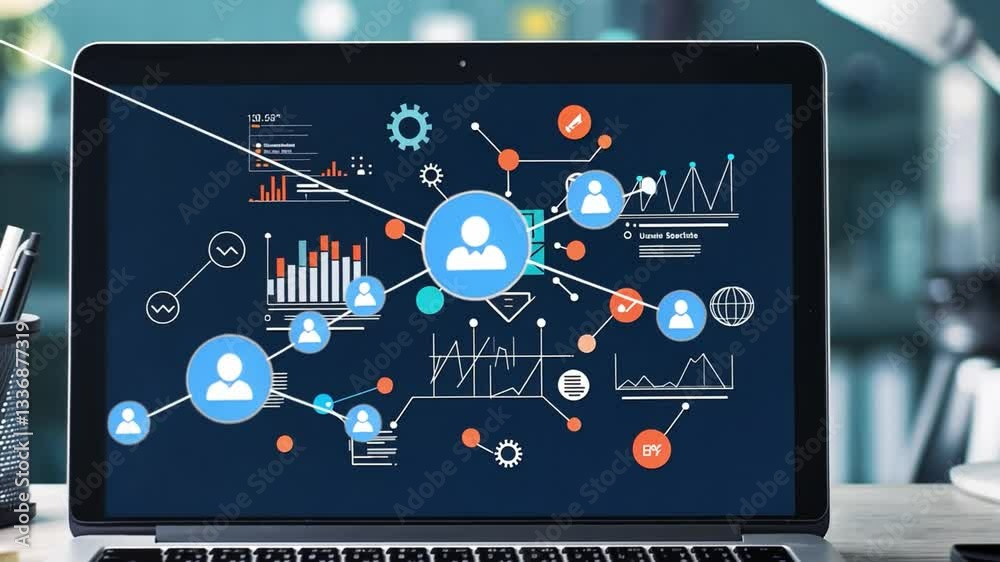 Poster digital marketing analysis with laptop screen showcasing data graphs and visualizations in modern wo