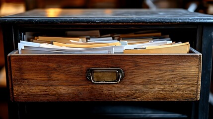 A wooden drawer filled with various paper documents and files